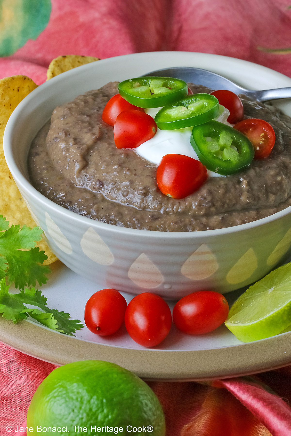 Chipotle Black Bean Soup in a pale blue bowl sitting on a white plate with tan rim; cilantro, tomatoes, lime slices, tortilla chips around the bowl on the edge of the plate; soup topped with sour cream, cherry tomatoes, and sliced jalapeno pepper © 2025 Jane Bonacci, The Heritage Cook.