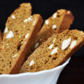 Stack of Gingerbread Biscotti with sliced almonds in them; Gingerbread Biscotti, Jane Bonacci, The Heritage Cook.