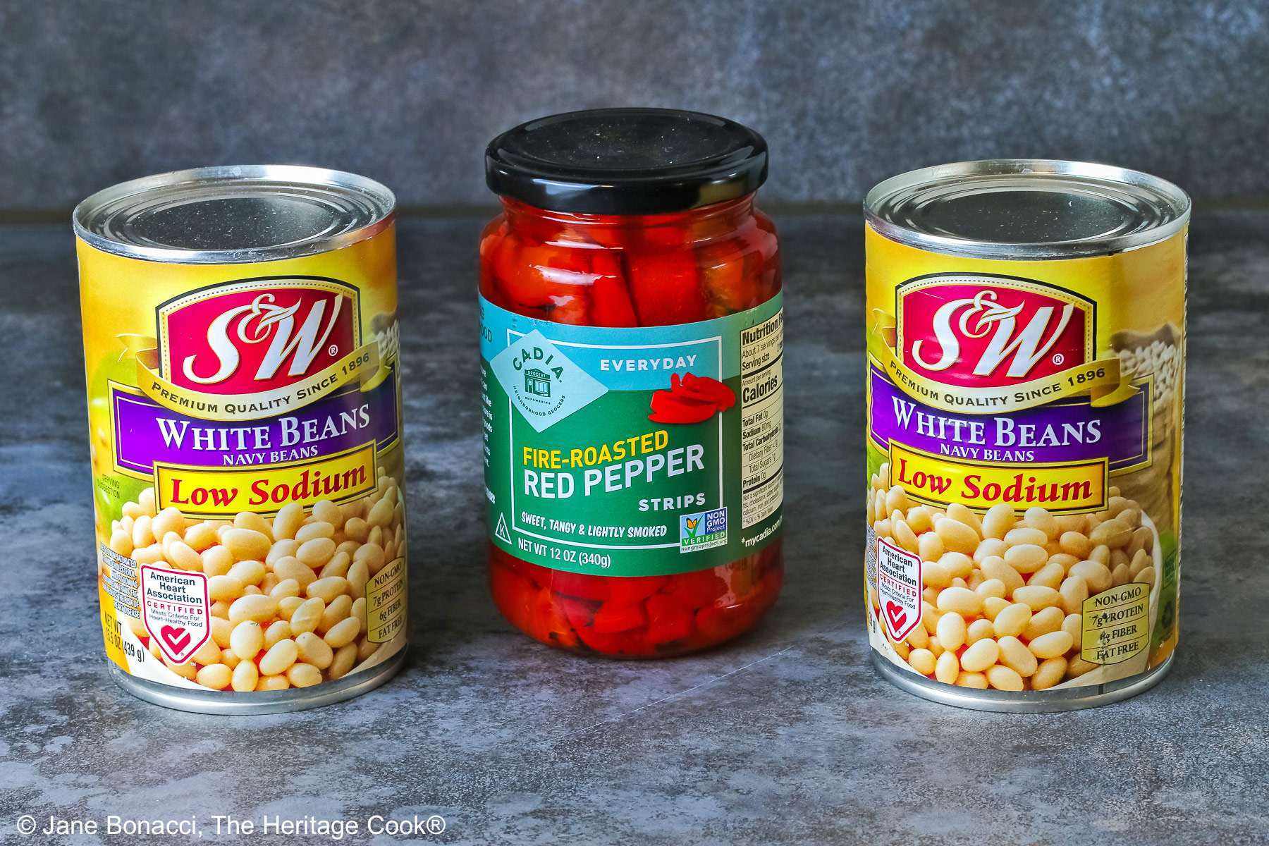 Two cans of white beans and a jar of fire-roasted red bell peppers for the dip.