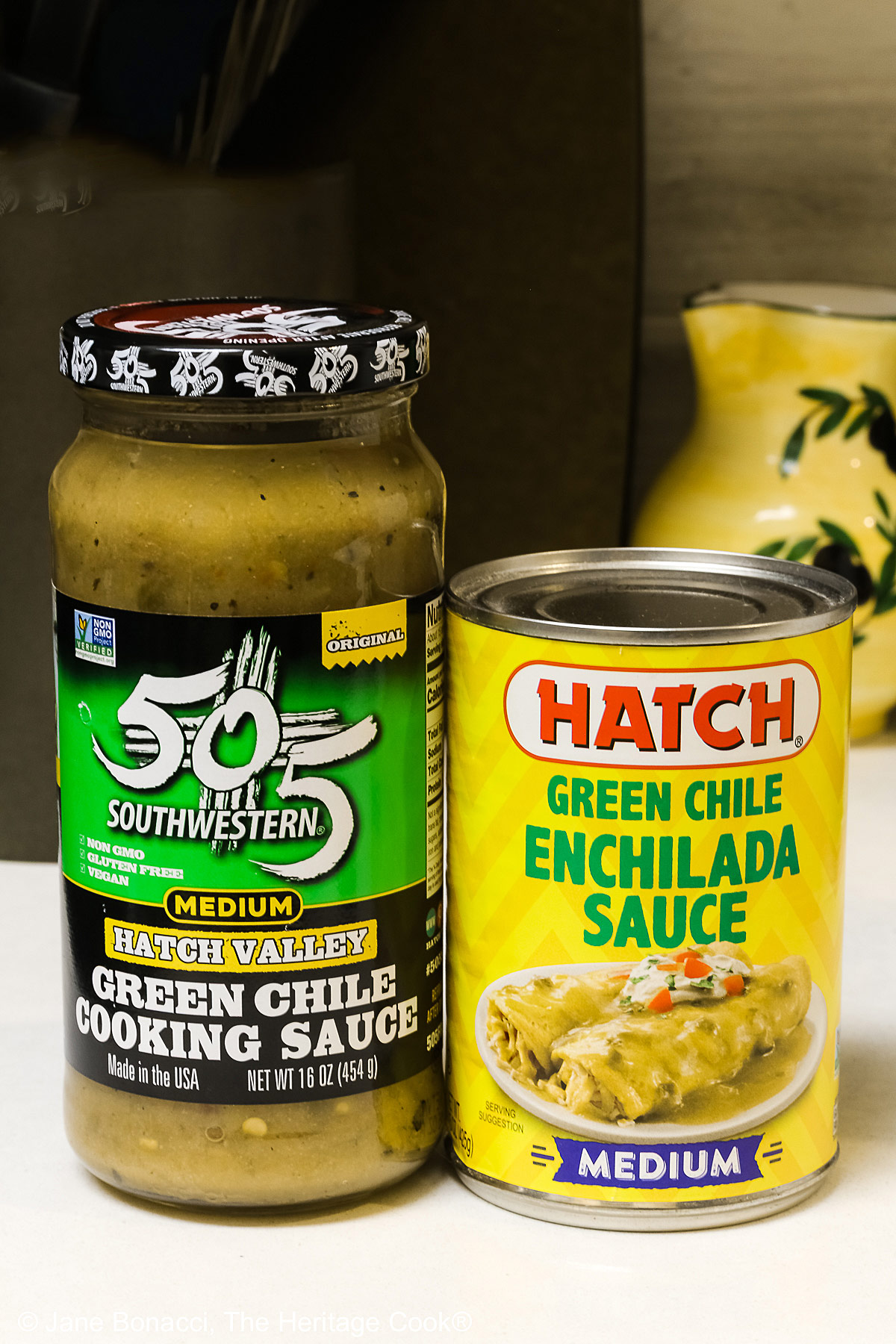 Two jars of Green Chile sauces that are both gluten-free and delicious in this recipe.