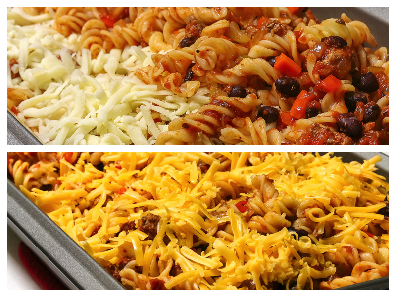 Layering the casserole with mozzarella cheese in the middle; casserole with cheddar on top ready for the oven. 