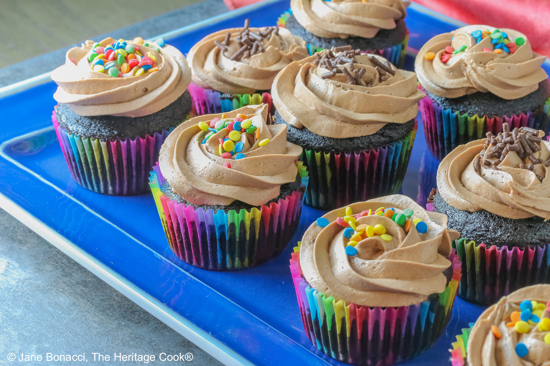 Chocolate cupcakes in rainbow colored paper liners with generously piped Nutella frosting and festive sprinkles on top, sitting on a blue rectangular platter with a pink cloth in the back; noAI © 2026 Jane Bonacci, The Heritage Cook.