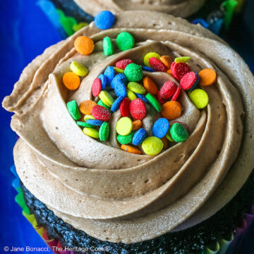 Close up of a single cupcake topped with rainbow sprinkles; Chocolate cupcakes in rainbow colored paper liners with generously piped Nutella frosting and festive sprinkles on top, sitting on a blue rectangular platter with a pink cloth in the back; noAI © 2026 Jane Bonacci, The Heritage Cook.