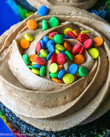 Close up of a single cupcake topped with rainbow sprinkles; Chocolate cupcakes in rainbow colored paper liners with generously piped Nutella frosting and festive sprinkles on top, sitting on a blue rectangular platter with a pink cloth in the back; noAI © 2026 Jane Bonacci, The Heritage Cook.