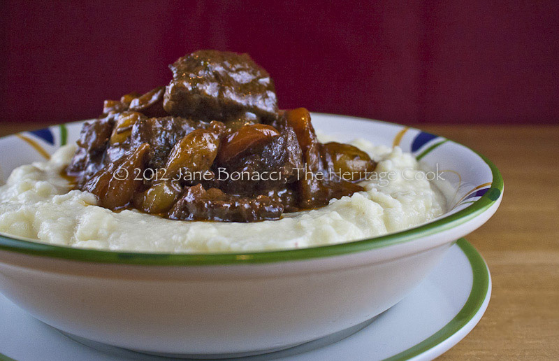 A bowl of beef bourguignon, the French beef stew made with red wine