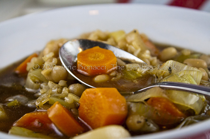 Close up of a bowl of beef vegetable soup from The Heritage Cook