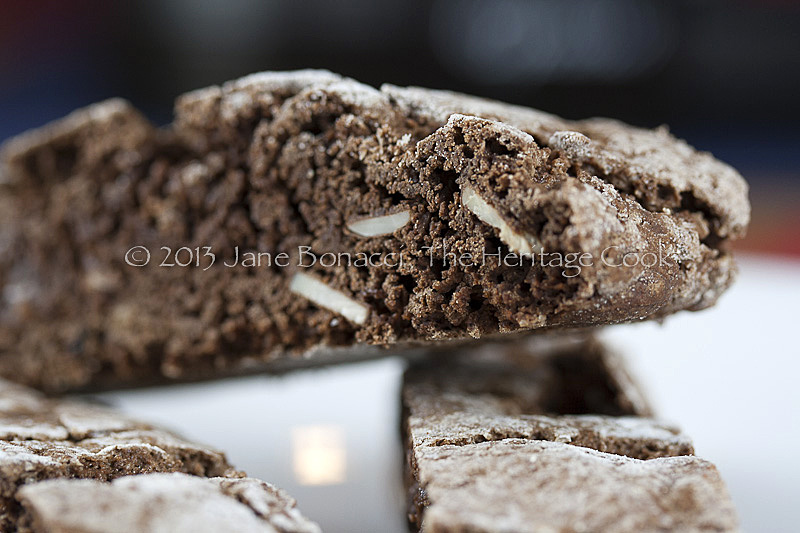 Close up of chocolate biscotti with sliced almonds