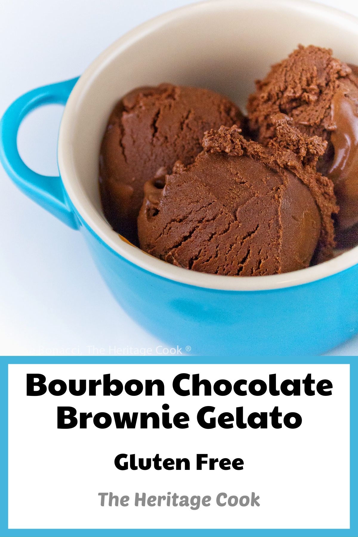 3 scoops of frosty chocolate gelato in blue and white bowls; Chocolate Brownie Bourbon Gelato © 2023 Jane Bonacci, The Heritage Cook. 