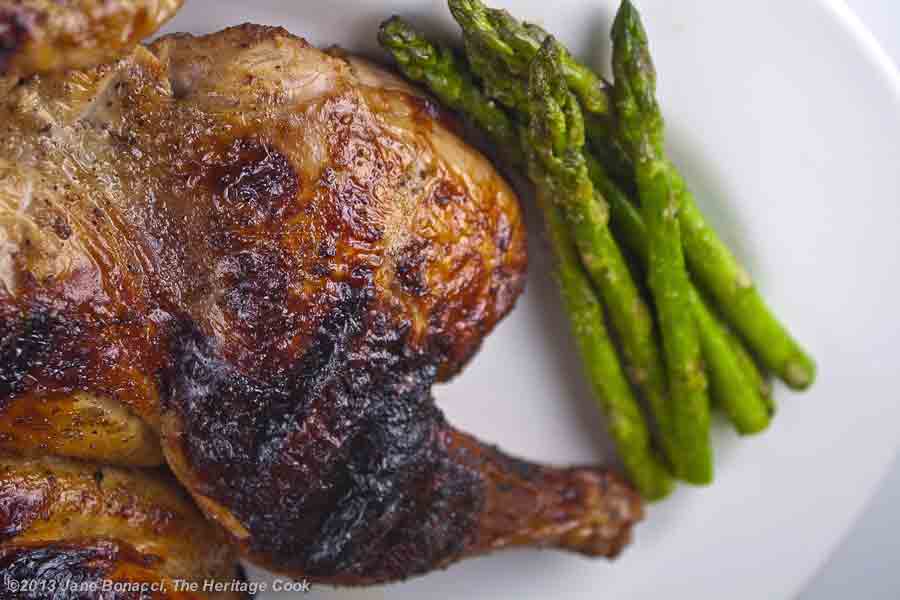 Grilled butterflied whole chicken with grilled asparagus rice