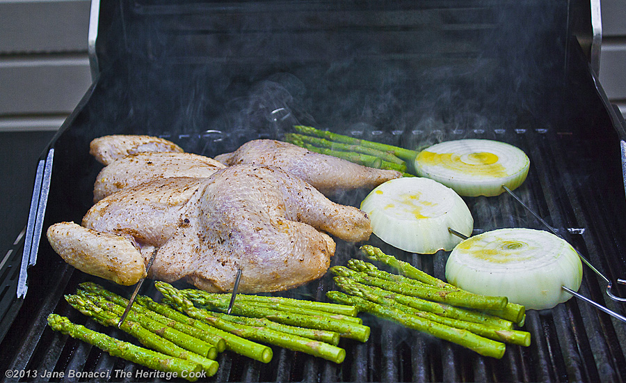 Butterflied chicken, asparagus and Vidalia onions on the grill