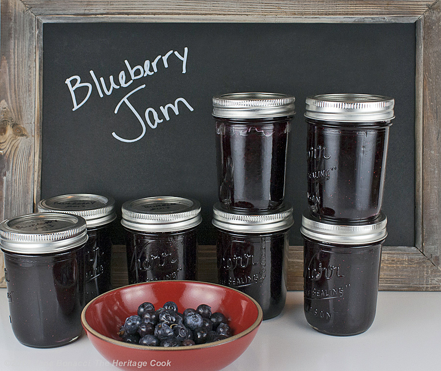 Homemade Blueberry Jam from The Heritage Cook; finished jars ready for storage