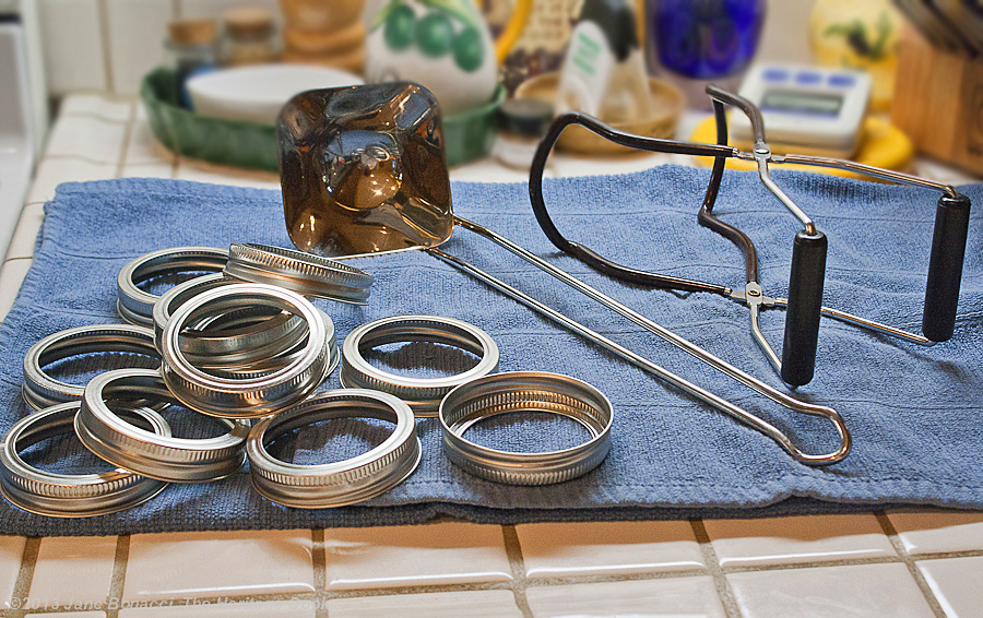 Homemade Blueberry Jam from The Heritage Cook; equipment ready for canning