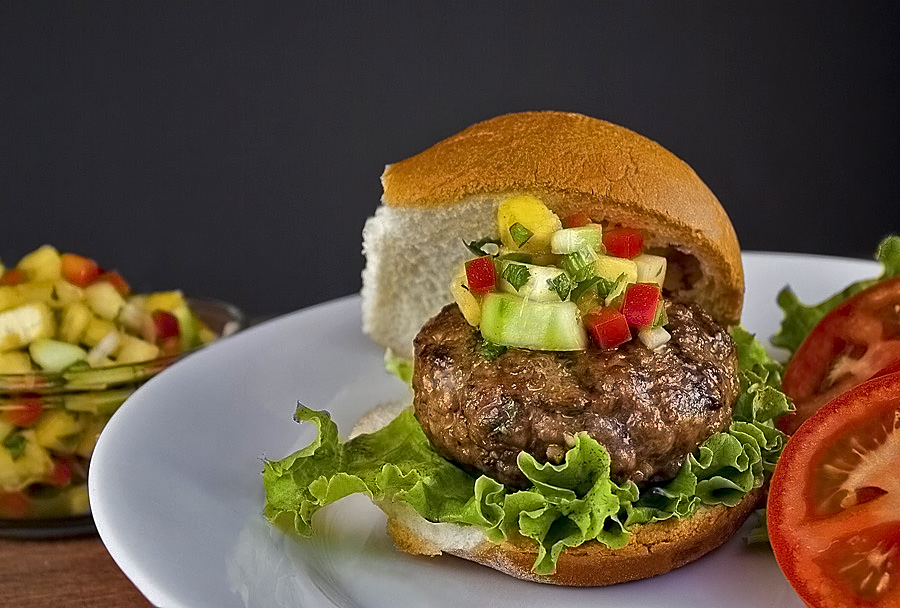 Caribbean Pork Burgers with Grilled Pineapple Salsa; The Heritage Cook © 2013