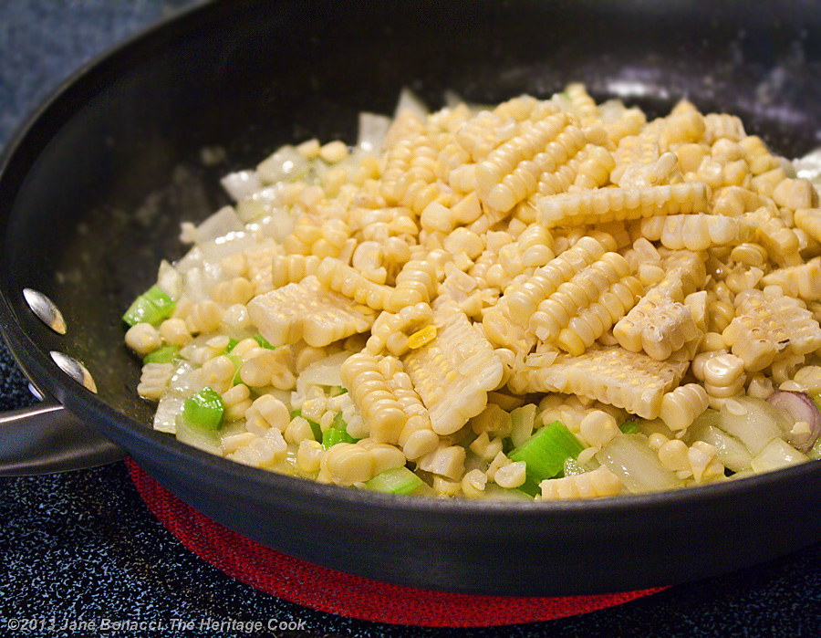 Fresh Corn & Tomato Salad; adding corn to the sauteed vegetables