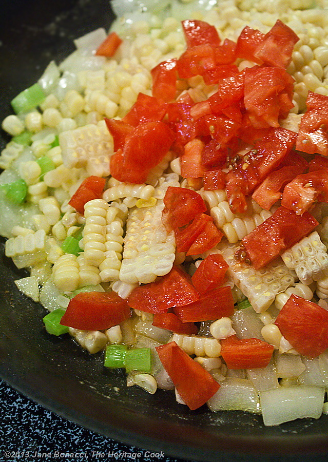 Fresh Corn & Tomato Salad; adding tomatoes to the skillet
