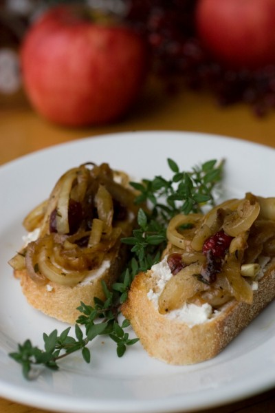 bruschetta with cheese and caramelized onions