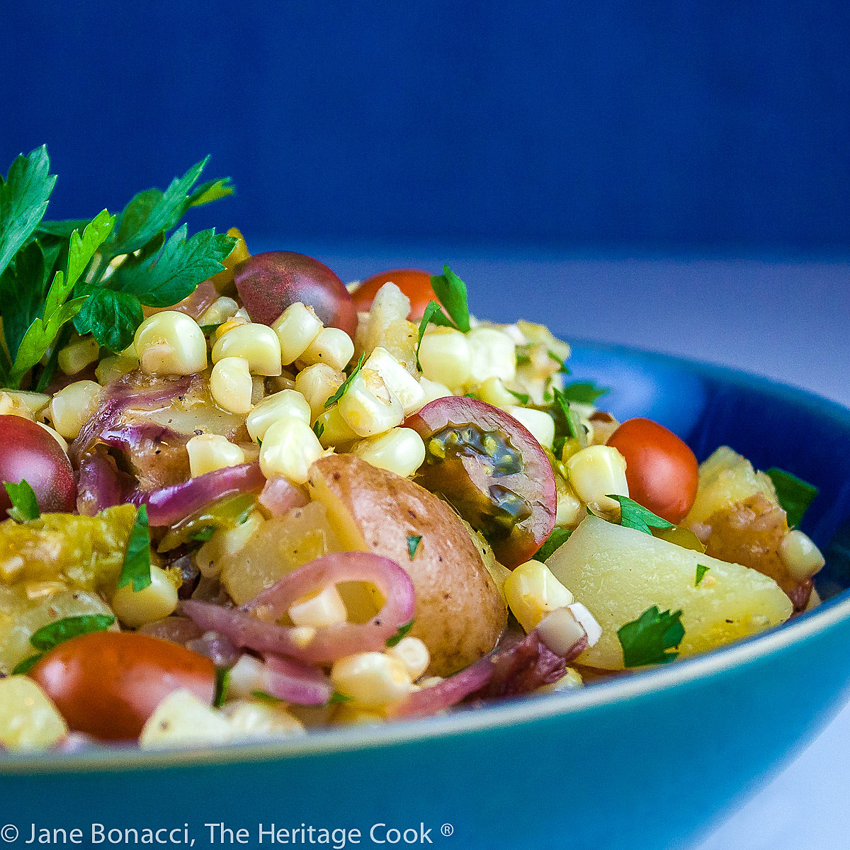 Poblano, Corn, Potato Chowder Salad © 2022 Jane Bonacci, The Heritage Cook