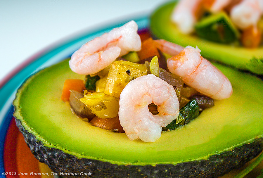 Vegetable-Stuffed Avocados with Shrimp, The Heritage Cook 2013