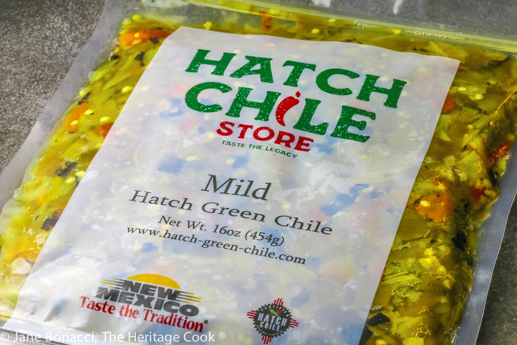 A bag of chopped, roasted Hatch green chiles ready to cook with. 