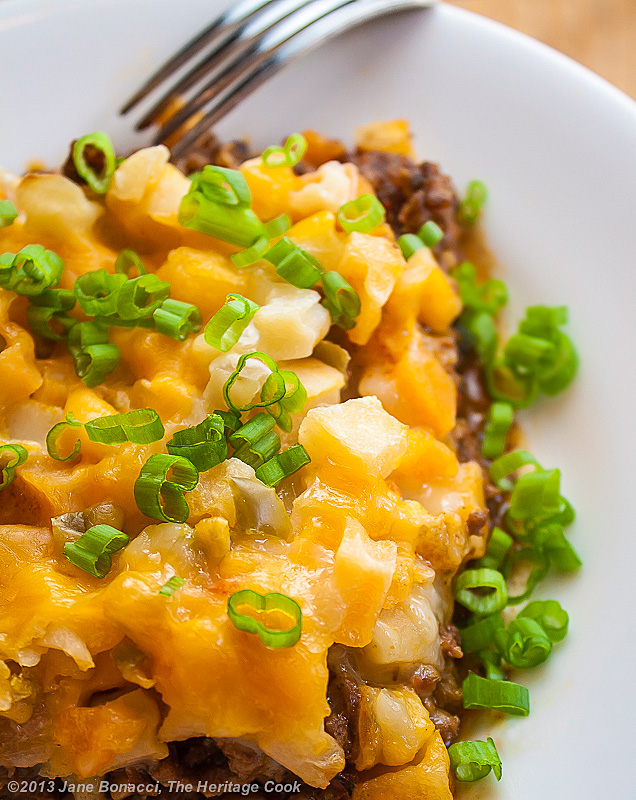 Cheesy Potato Taco Casserole; The Heritage Cook 2013