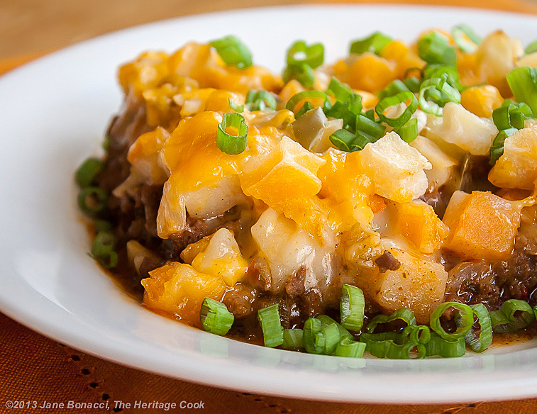 Cheesy Potato Taco Casserole; The Heritage Cook 2013