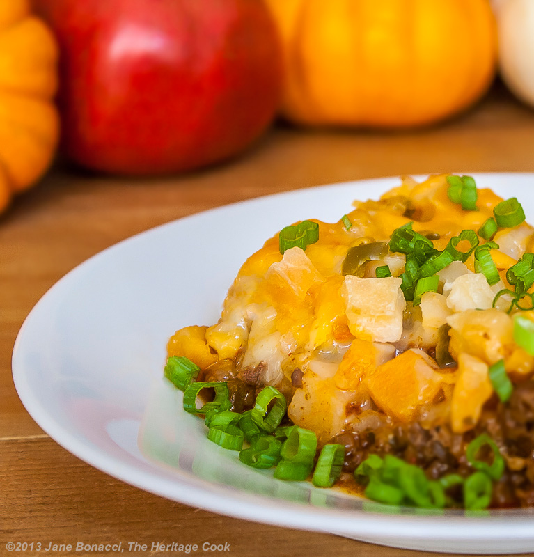 Cheesy Potato Taco Casserole; The Heritage Cook 2013