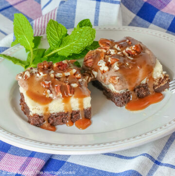 Two Turtle Brownie Cheesecake Bars on a cream colored plate with mint behind them with caramel sauce drizzled over the tops and sitting on a blue, white, and pink checked cloth © 2026 Jane Bonacci, The Heritage Cook.