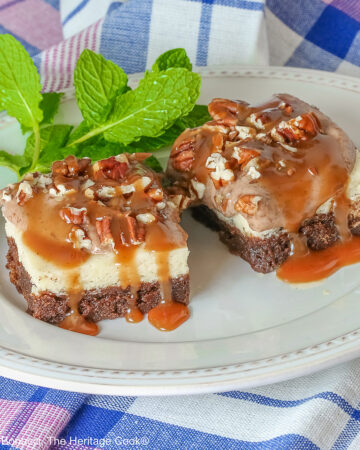 Two Turtle Brownie Cheesecake Bars on a cream colored plate with mint behind them with caramel sauce drizzled over the tops and sitting on a blue, white, and pink checked cloth © 2026 Jane Bonacci, The Heritage Cook.