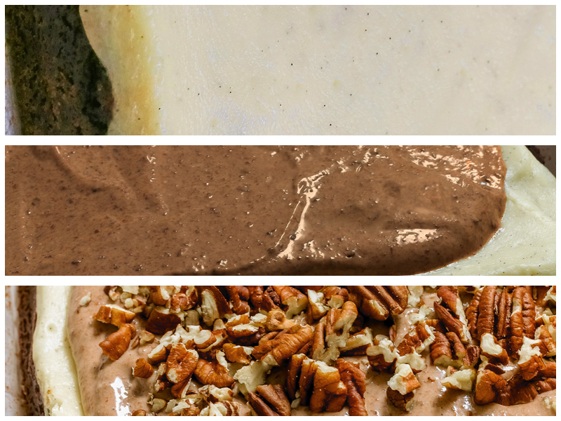 Top: Cheesecake layer; Middle: Chocolate Sauce; Bottom: Nuts on top.