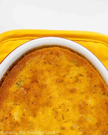 Sweet and Spicy Corn Pudding baked in au gratin pans to create a golden brown crust on top with a creamy pudding beneath ©2023 Jane Bonacci, The Heritage Cook.