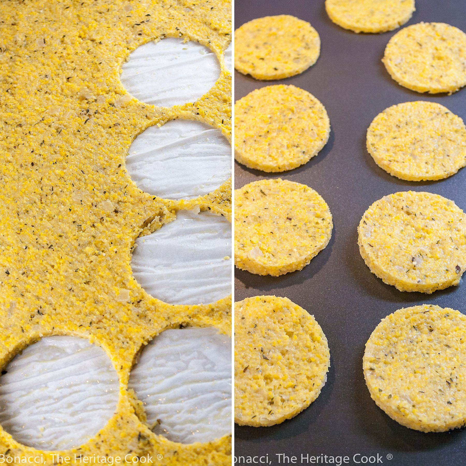 Cutting out circles of firm polenta, then cooking them on a griddle.