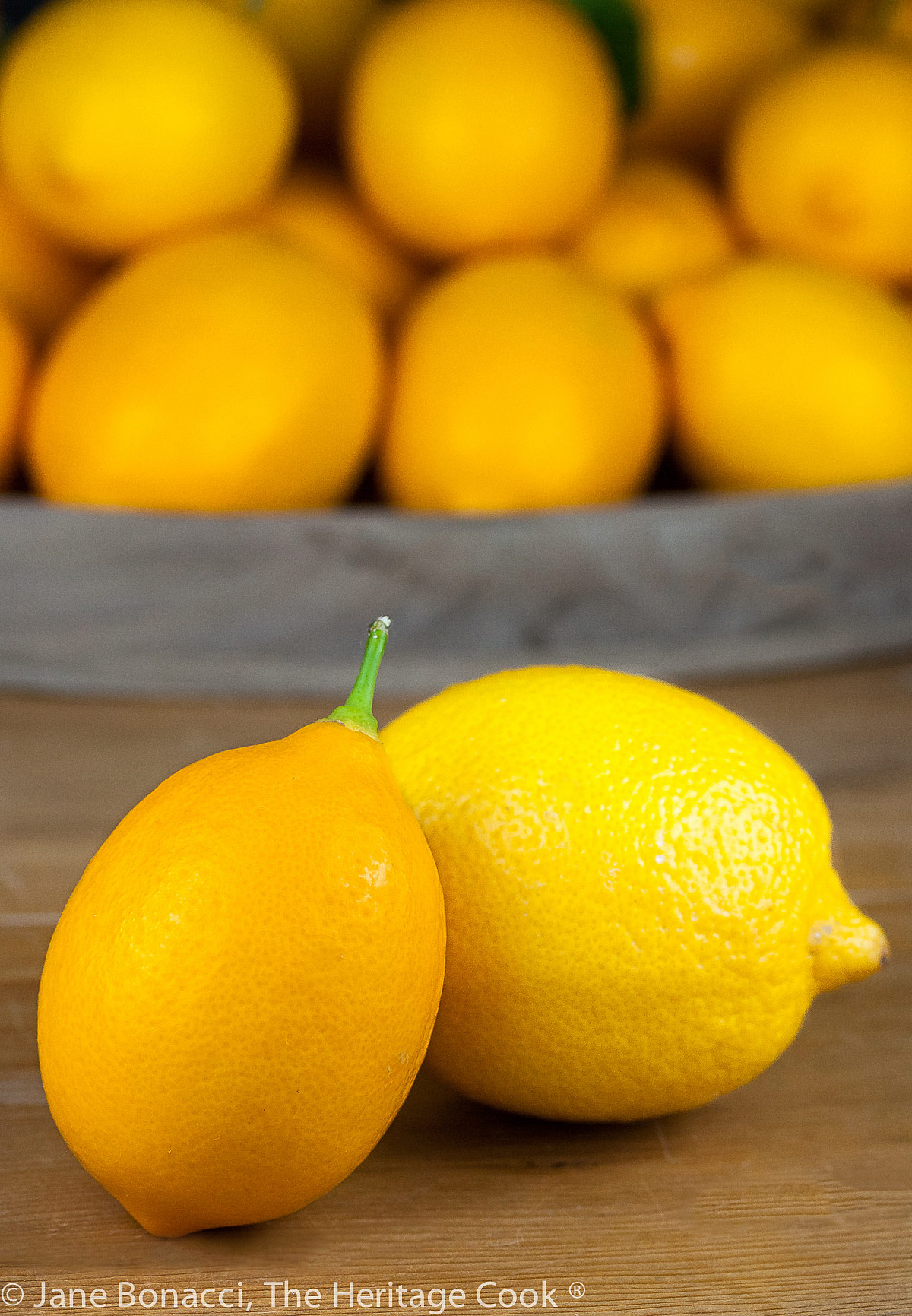 Meyer lemon on the left and Eureka lemon on the right in front of a large pile of lemons. 