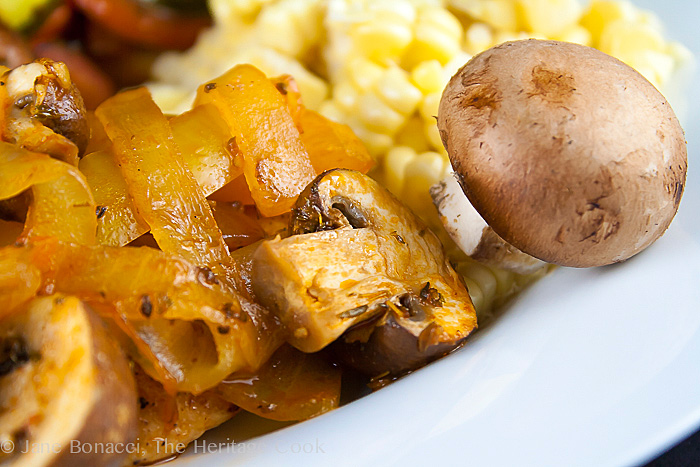 Chicken Marengo (Gluten-Free) Mushrooms and Bell Peppers close up © 2014 Jane Bonacci, The Heritage Cook