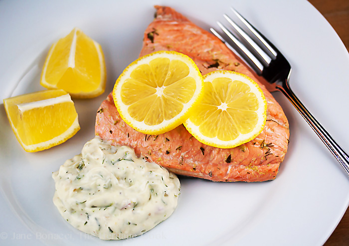 Herb Poached Salmon with Dilled Tartar Sauce; 2014 Jane Bonacci, The Heritage Cook