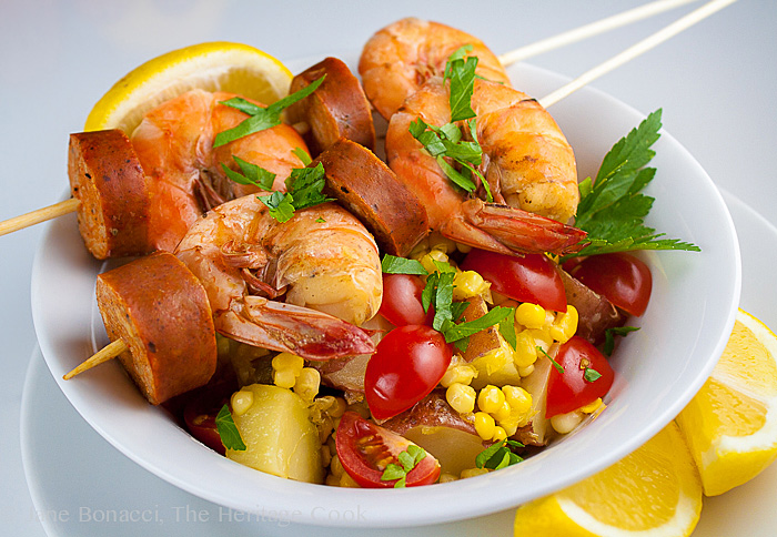 Old Bay Shrimp Boil Skewers; 2014 Jane Bonacci, The Heritage Cook