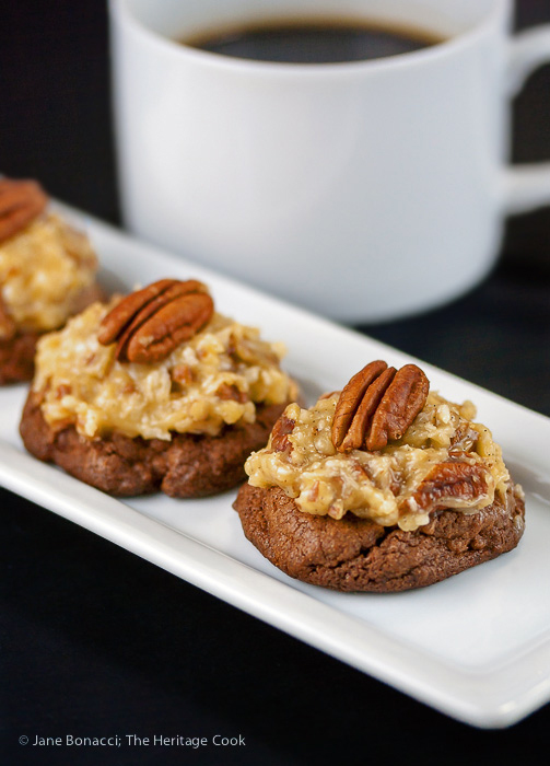 Crunchy dark chocolate cookies are the perfect complement to the gooey goodness of German chocolate frosting