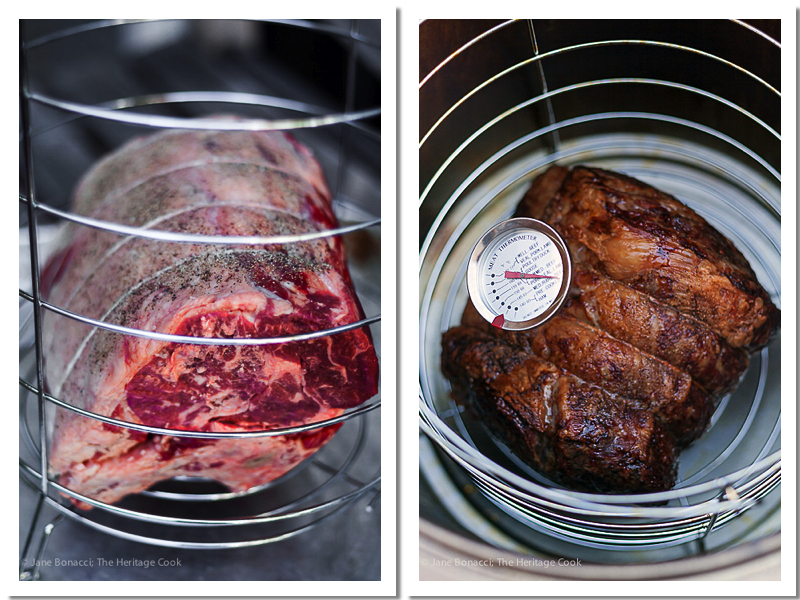 Seasoned rib roast in basket of The Big Easy and the roast after grill roasting, cooked to perfection
