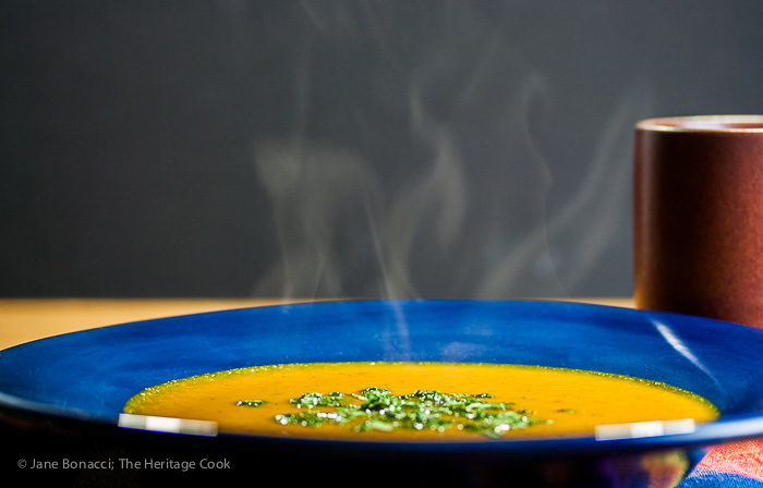 Steaming bowl of Carrot-Sweet Potato Soup; Mix and Match Holiday Recipes; 2014 Jane Bonacci, The Heritage Cook