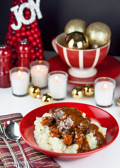 Merry Christmas - Joy - ornaments - candles - red wine braised short ribs with garlic mashed potatoes