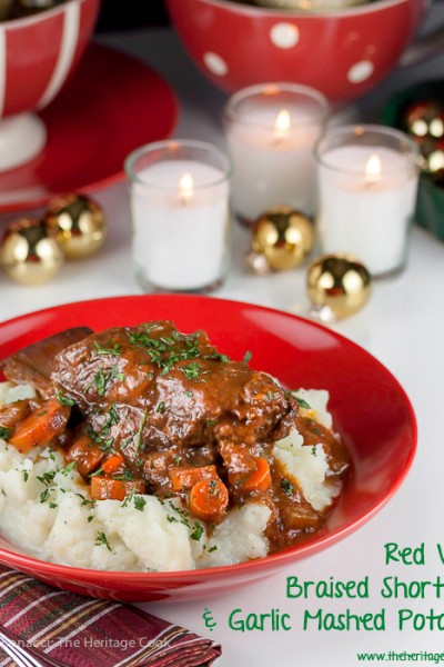 Red wine braised short ribs with garlic mashed potatoes; Gourmet Garden herbs