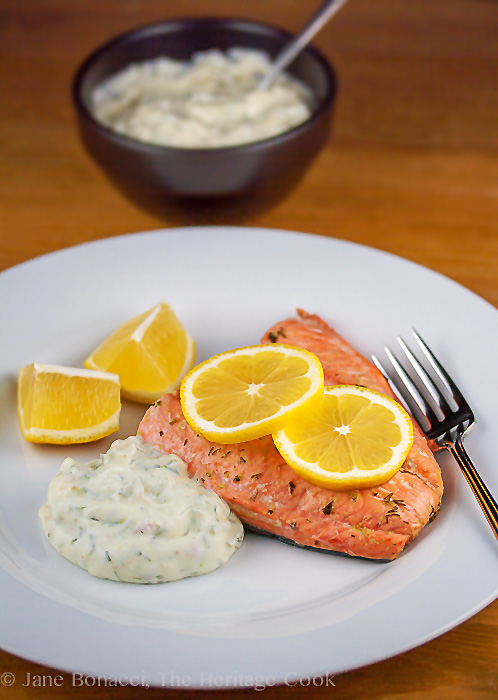 Poaching keeps the salmon tender and moist, and the dill tartar sauce is the perfect accompaniment