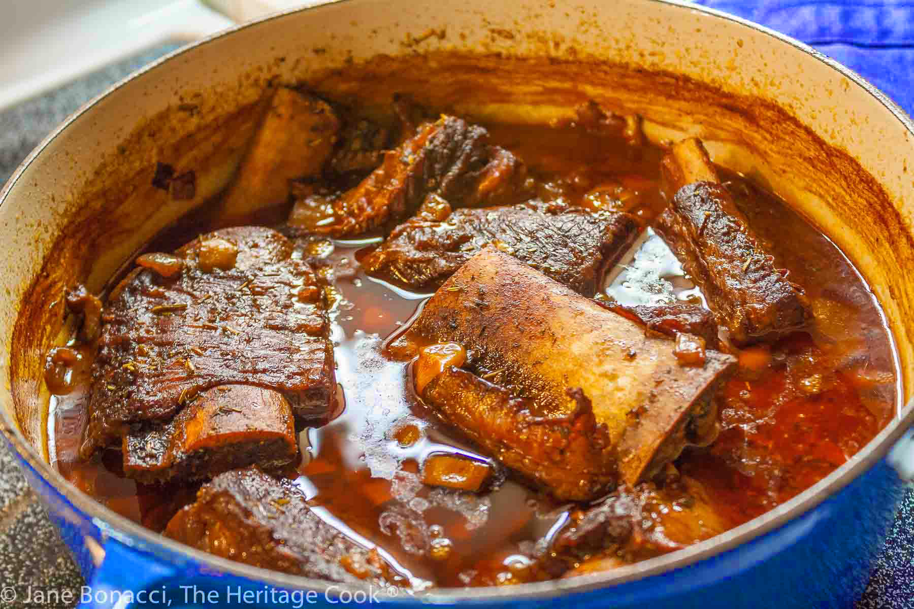 Dutch oven with red wine braised short ribs. 