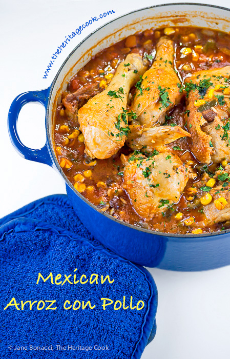 Mexican seasoned chicken and rice casserole called Arroz con Pollo; 2015 Jane Bonacci, The Heritage Cook