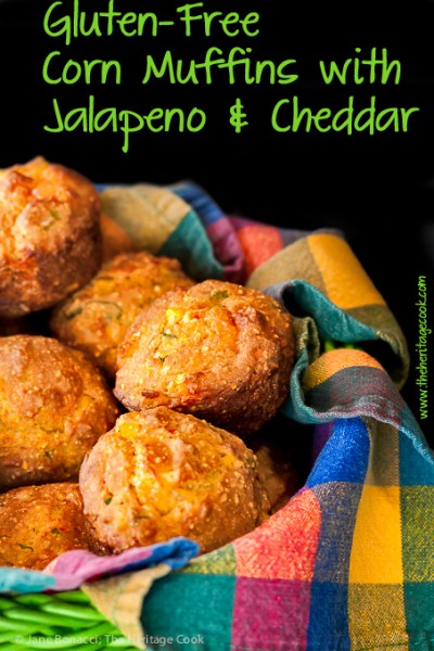 Fun, delicious, and filled with whatever you like, make them as spicy as you want! Gluten Free Corn Muffins with Jalapeno and Cheese; 2015 Jane Bonacci, The Heritage Cook.