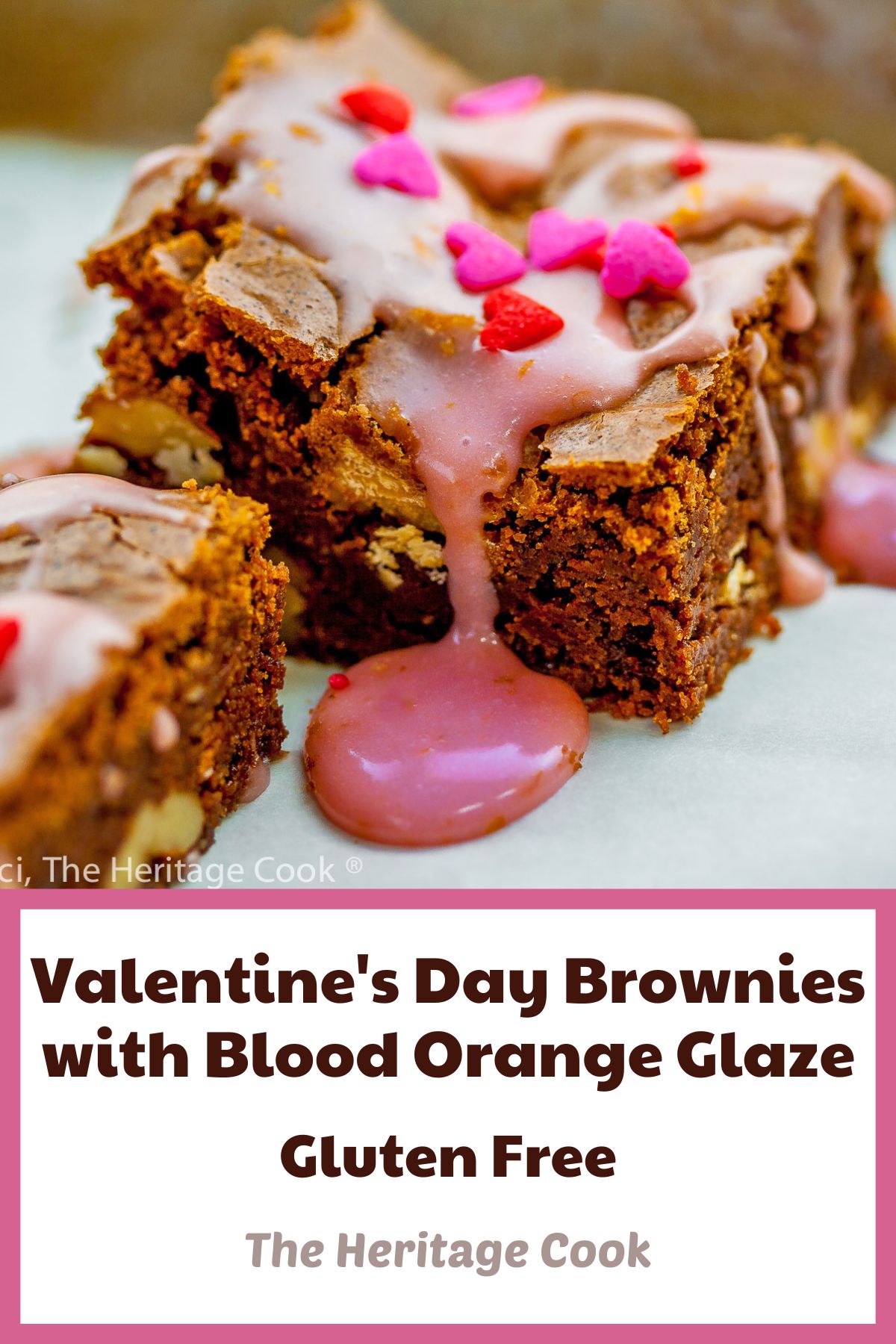 Brownies drizzled with orange glaze and sprinkled with red and pink decorations for Valentine’s Day; Valentine’s Day Brownies with Orange Glaze © 2023 Jane Bonacci, The Heritage Cook.