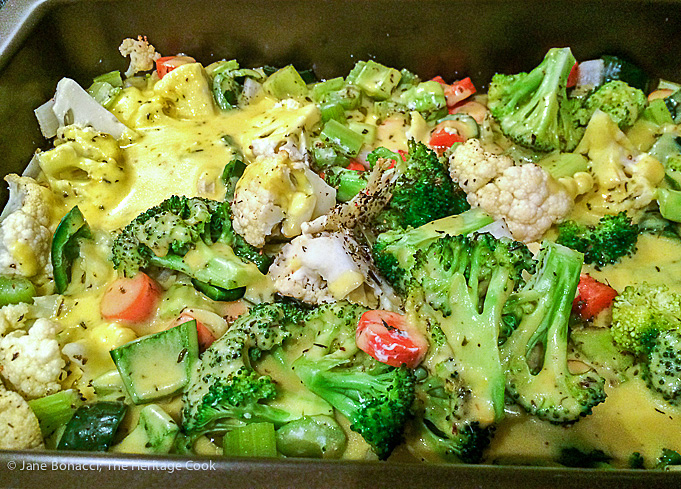 Broccoli and vegetables tossed with creamy, cheesy sauce in my New & Improved Chicken Divan; 2015 Jane Bonacci, The Heritage Cook