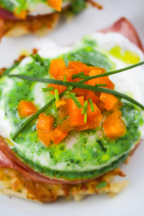 The colors of the Irish flag for a fun St. Patrick's Day breakfast or brunch! Irish Hash Browns Benedict with Basil Hollandaise; 2015 Jane Bonacci, The Heritage Cook