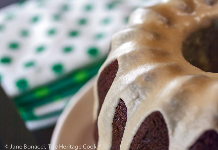 Close up of glaze on cake; Leprechaun Root Beer Float Chocolate Bundt Cake; 2022 Jane Bonacci, The Heritage Cook