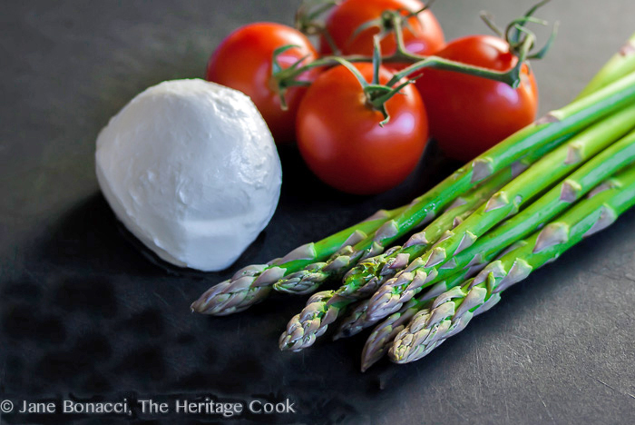 The raw ingredients for this Asparagus Caprese Salad