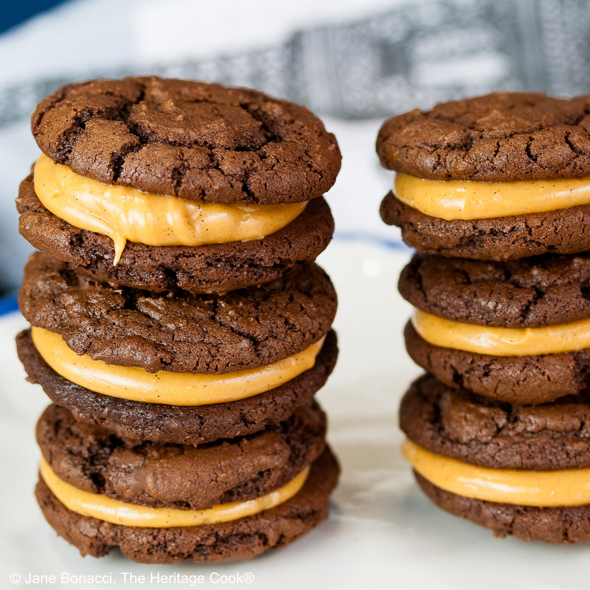 Stacks of Chocolate Peanut Butter Sandwich Cookies on a white plate with a scalloped blue edge, on a dark blue background some with a bowl of the filling to the side and a cloth with the Eiffel Tower on it behind © 2026 Jane Bonacci, The Heritage Cook.